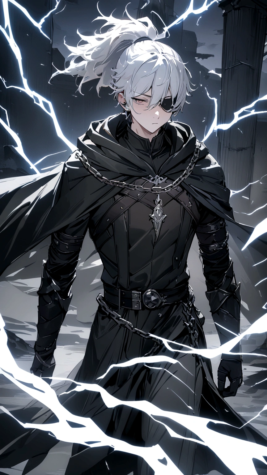 Anime character. A man, he was medieval. 27 years old, large body, cold gaze, cold expression, white skin, short and messy gray hair, ponytail, left eye patch, black clothes, black shirt, dark cape with hood, several chains. frontal camera. Walking under the red moonlight. White electricity emanating from his body, black electricity emanating from his left hand. Iris of the right eye glowing white. Thunderous white lightning. (best quality, 4k, 8k, high resolution, masterpiece: 1.2)