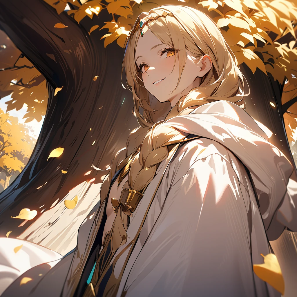 1boy, long absolutely overflowing blonde hair loosely braided, golden eyes, subtle holy glow, small golden circlet, looking at viewer, smiling, white robes, flat chest, girly boy, gigantic tree with golden leaves background, textured skin, award winning, high details, incredible high-key lighting and shadows, masterpiece, UHD, UHD, UHD, UHD