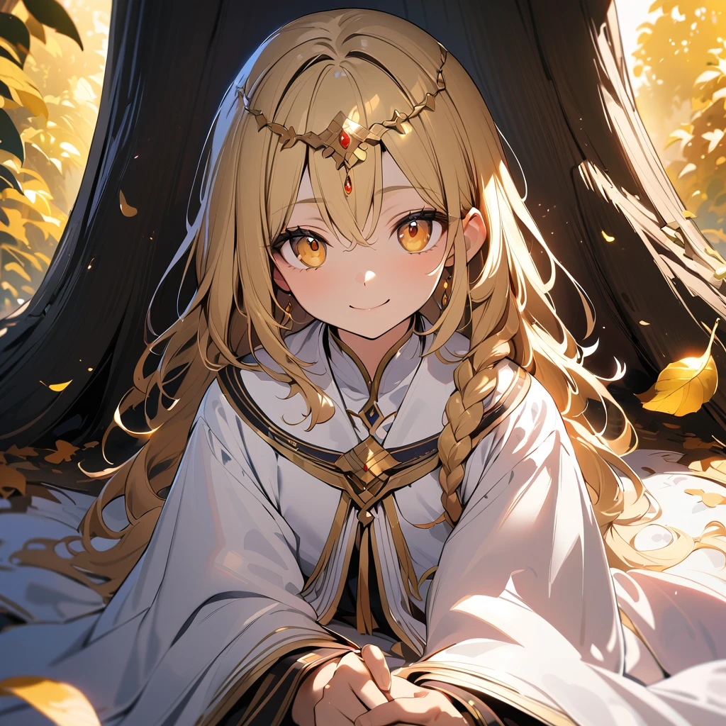1boy, long absolutely overflowing blonde hair loosely braided, golden eyes, subtle holy glow, small golden circlet, looking at viewer, smiling, white robes, flat chest, girly boy, gigantic tree with golden leaves background, textured skin, award winning, high details, incredible high-key lighting and shadows, masterpiece, UHD, UHD, UHD, UHD