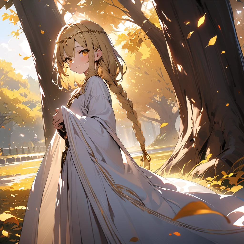 1boy, long absolutely overflowing blonde hair loosely braided, golden eyes, subtle holy glow, small golden circlet, looking at viewer, smiling, white robes, flat chest, girly boy, gigantic tree with golden leaves background, textured skin, award winning, high details, incredible high-key lighting and shadows, masterpiece, UHD, UHD, UHD, UHD