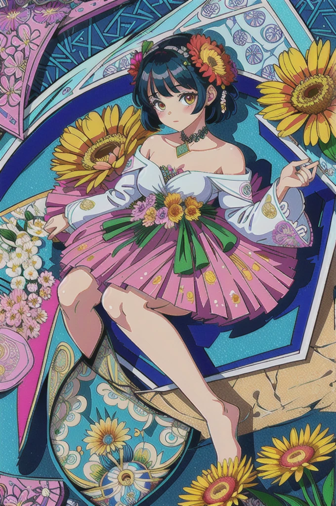 (ultra-detailed background, detailed background), absurdres, highres, ultra detailed, extremly detailed, 1girl, (bunch of flowers:1.3), (zentangle:1.2), (geometric:1.2),(colorful),