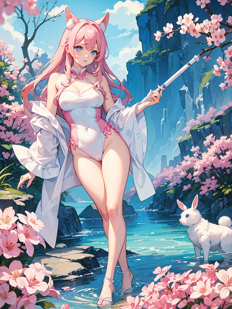 Woman and rabbit hybrid, with blue eyes, pink hair , in white swimsuit, holding an oriental umbrella, the setting is oriental