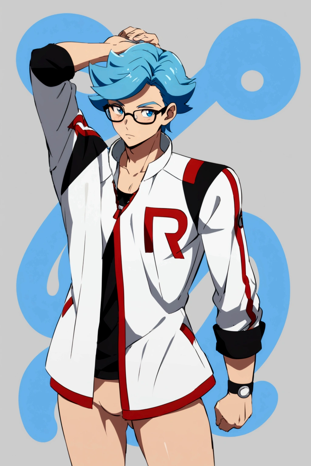 male character, current anime style, a boy with clothing based on Team Rocket from Pokémon, He wears glasses and has blue hair...bottomless