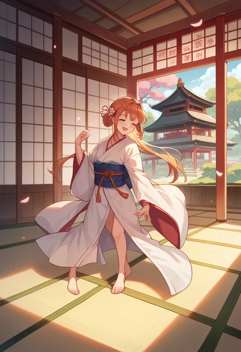 Best quality, masterpiece, high resolution, perfect body, perfect face, erotic art, 1 sexy girl, sexy kimono, dancing, master of temple dojo, dojo, Sakura, theme Sakura,