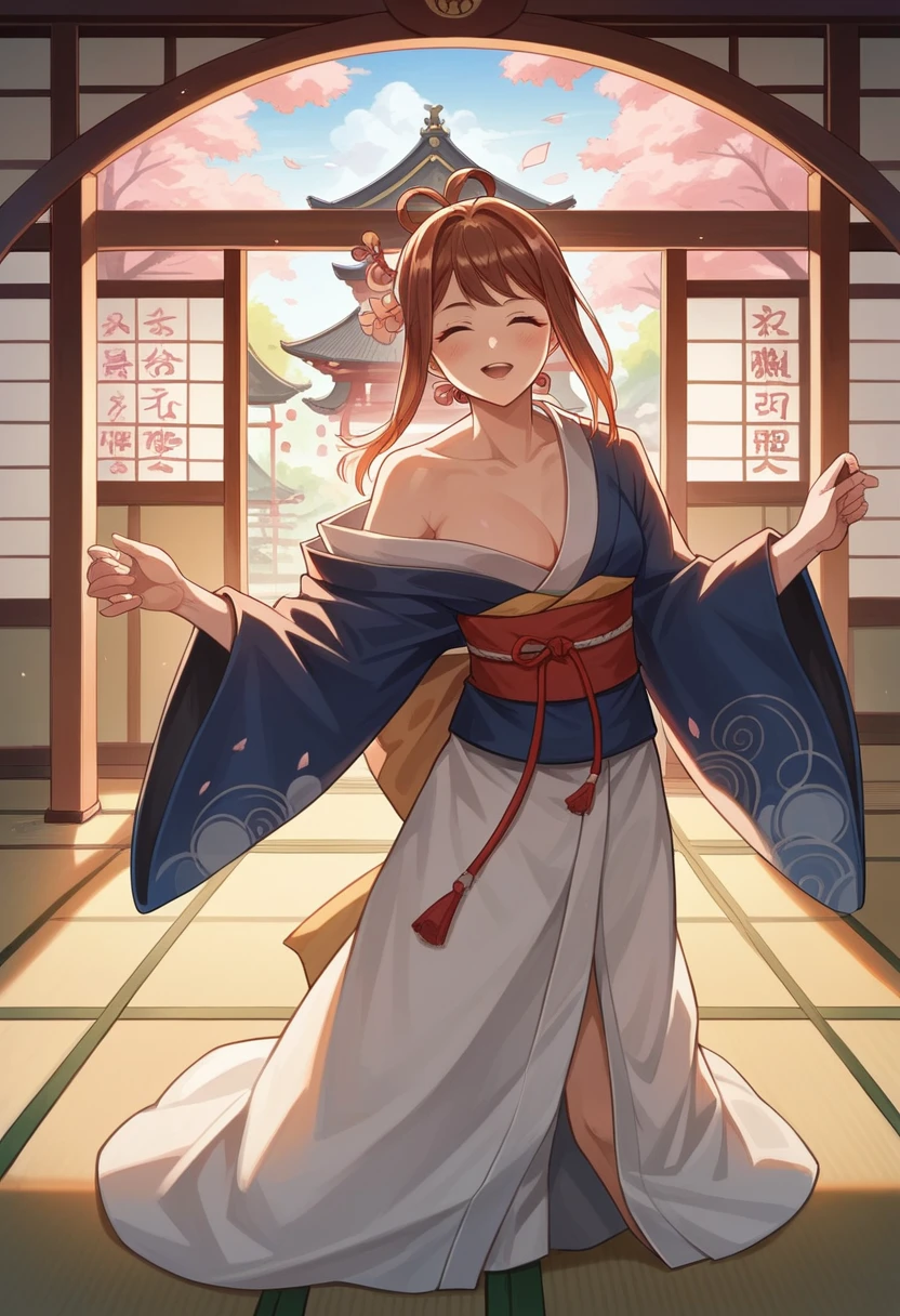 Best quality, masterpiece, high resolution, perfect body, perfect face, erotic art, 1 sexy girl, sexy kimono, dancing, master of temple dojo, dojo, Sakura, theme Sakura, 