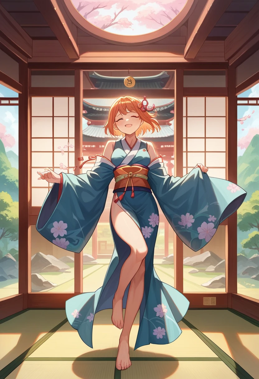 Best quality, masterpiece, high resolution, perfect body, perfect face, erotic art, 1 sexy girl, sexy kimono, dancing, master of temple dojo, dojo, Sakura, theme Sakura,