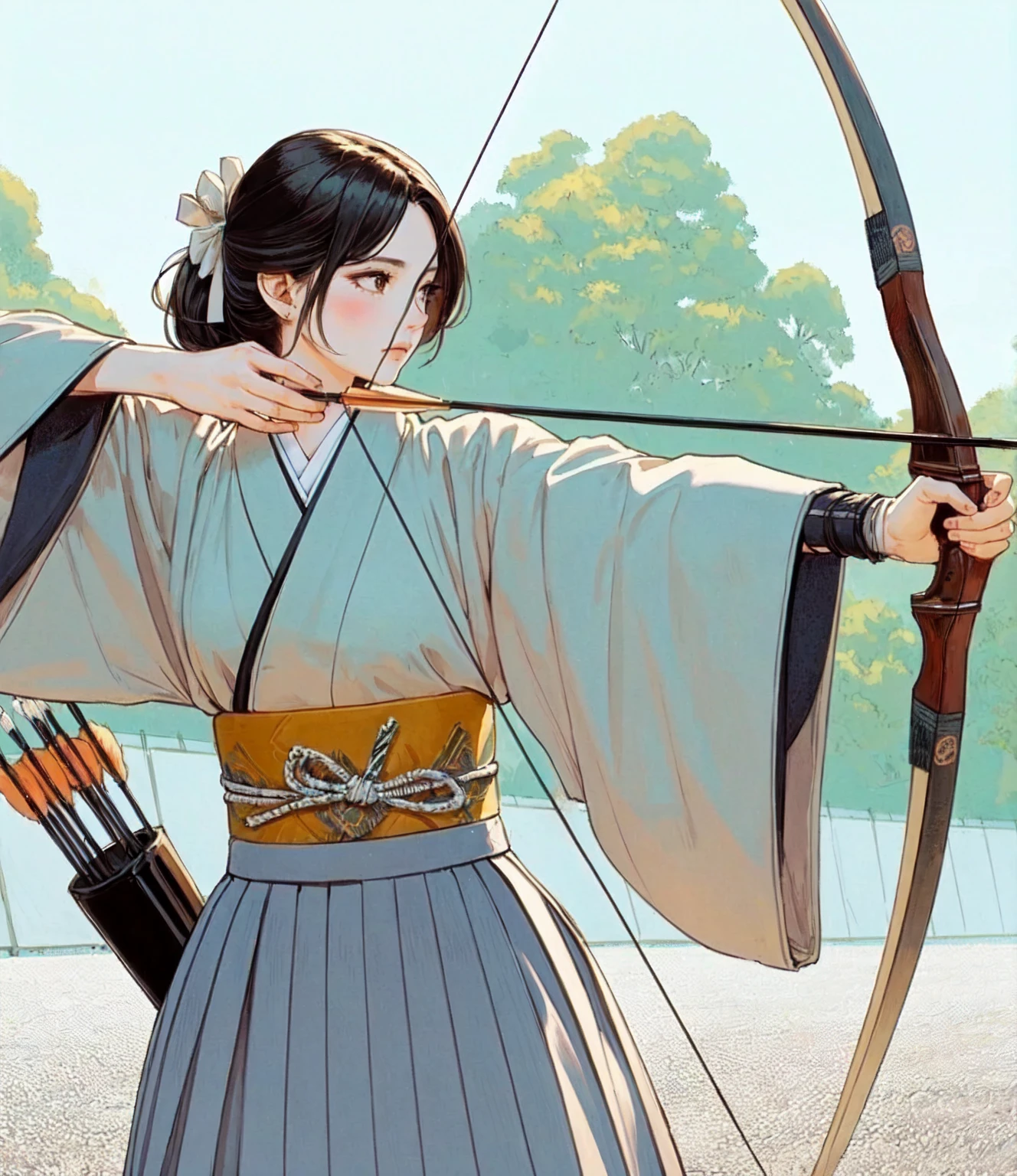 1lady standing, from side, (pulling bowstring to its limits) (holding simple black bow), (beige kimono) (gray hakama), chest protector, (mature female:0.8), /(black hair/) bangs, (light smile:0.4) blush, dignified, facing away, (masterpiece best quality:1.2) delicate illustration ultra-detailed, medium breasts BREAK (serene archery dojo) outdoors, (floor filled with (gravel)), Kyudo, Japan, noon, detailed background