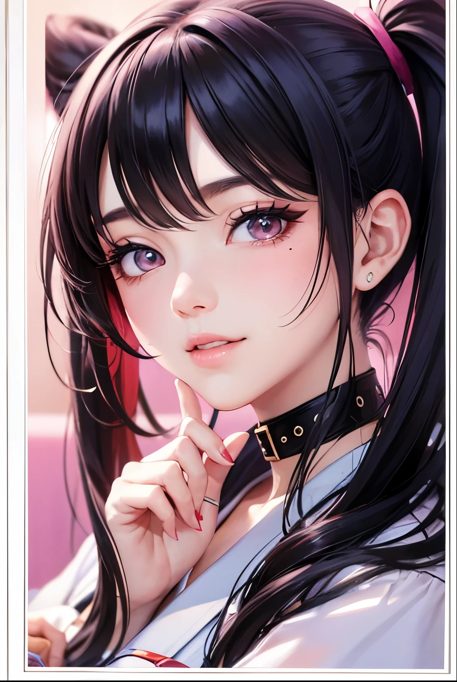 masterpiece, best quality, highly detailed, high resolution, expensive resolution, high resolution, 4k, 8k, uniform 8k wallpaper, highly detailed CG, masterpiece, 2d, 3d, beautiful details, depth, fine texture, best quality: 1.3, perfectly focused, sharp. skin, him, very cute anime girl, her name is Mei, short pigtails, idol, in the rain, expensive pink short pigtails, mole under eye, looking at the viewer, expensive, blush, mole, open lips, pink eyes, heart shaped choker, smiling face
