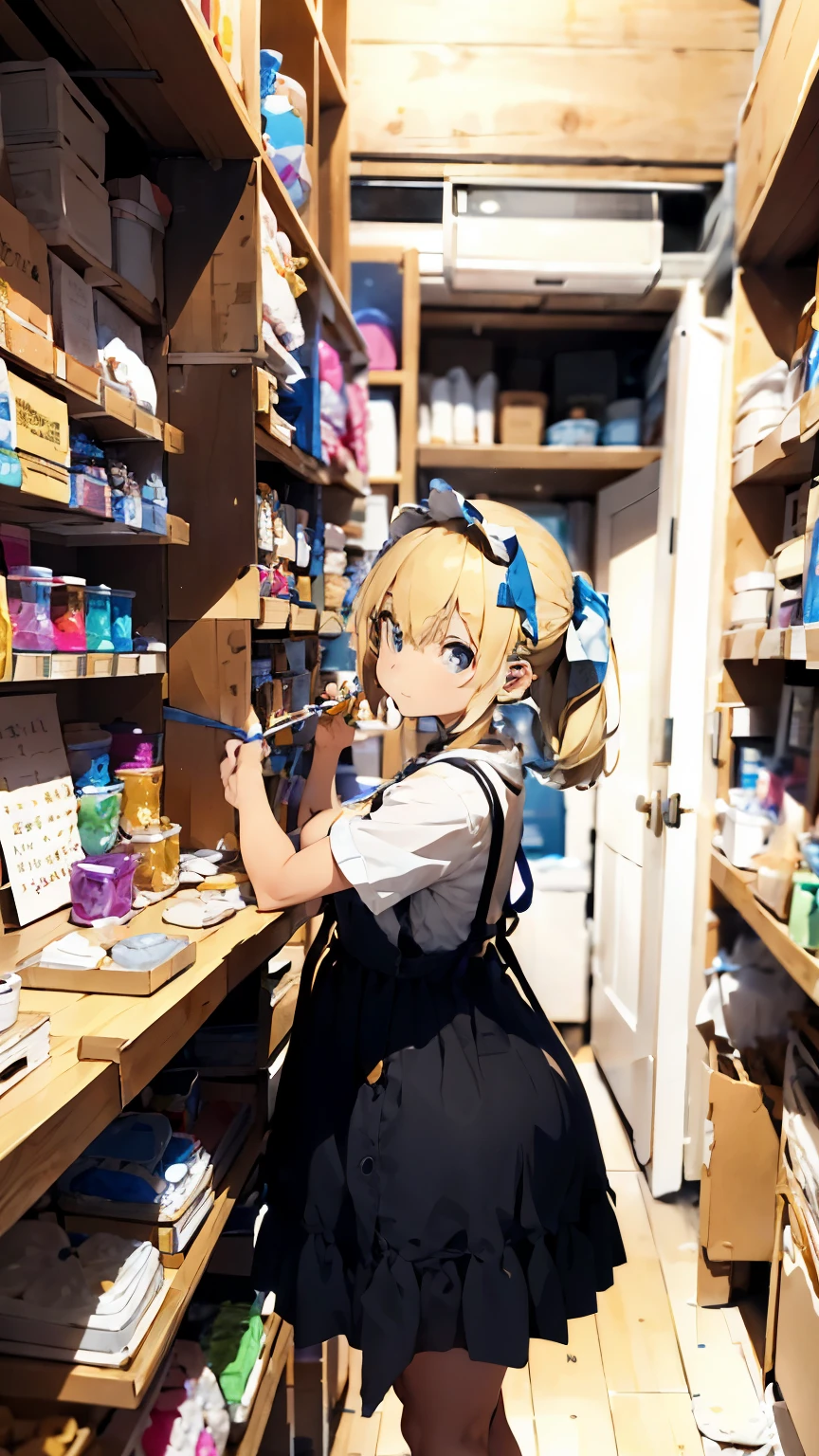 A blonde girl is making a cream glue phone case using a cream glue tool,Behind is her shelf,Finished mobile phone cases are stacked on the shelves,Pendant peripherals,Things made with butter glue are three-dimensional, cute and colorful handicrafts.,The girl's workbench is filled with tools for crafting,There are also various colors of cream glue,The shape of the cream hose is similar to the cream cone barrel we use when DIYing cakes.,There should be a lot of tools on the girl's workbench.,In the middle should be placed a phone case being made,