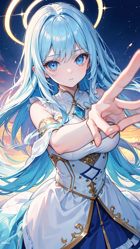 An intense, dynamic close-up shot of a girl reaching out with her hand. Her light blue eyes shine like glass, filled with a captivating sparkle. Her hair, a brilliant sunset hue, glows with a soft halo effect. The background is artistically blurred, enhancing the focus on her expressive features. Capture every detail in high resolution, making this image a highly detailed and breathtaking masterpiece.”

