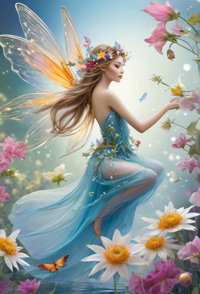  Fairy beautifully floating over beautiful flowers,((high qualiy))delicate details