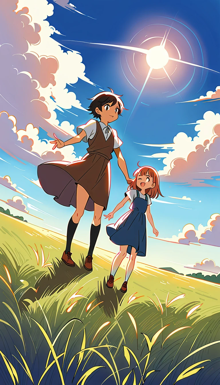 2 children girl and boy, playing rock-paper-scissors on a rice field, under a clear and cheerful sky.