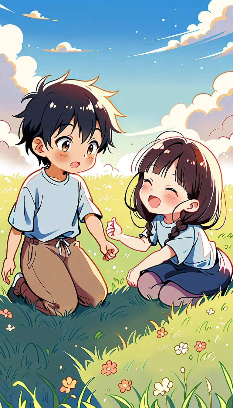 2 children girl and boy, playing rock-paper-scissors on a rice field, under a clear and cheerful sky.