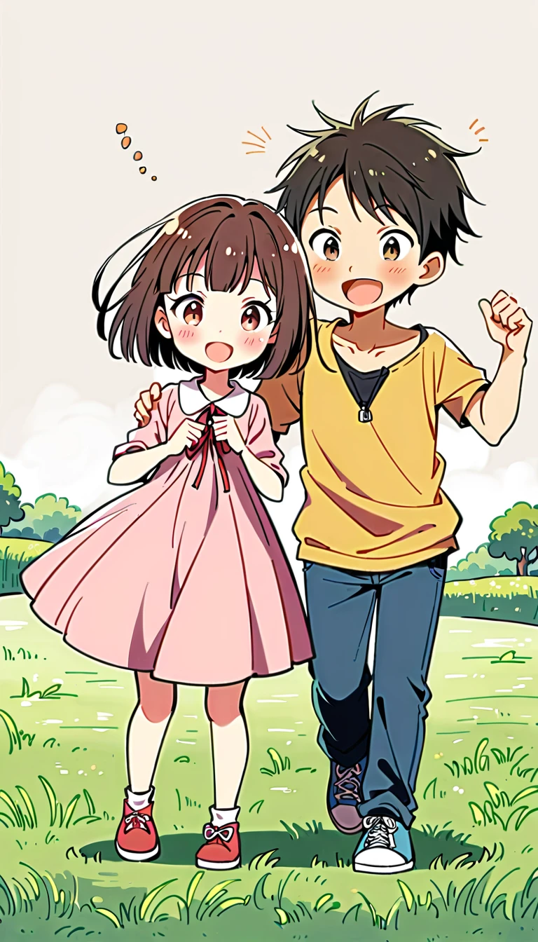 2 children girl and boy, playing rock-paper-scissors on a rice field, under a clear and cheerful sky.