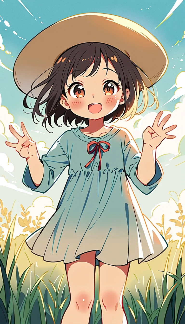 2 girl and boy, playing rock-paper-scissors on a rice field, under a clear and cheerful sky.