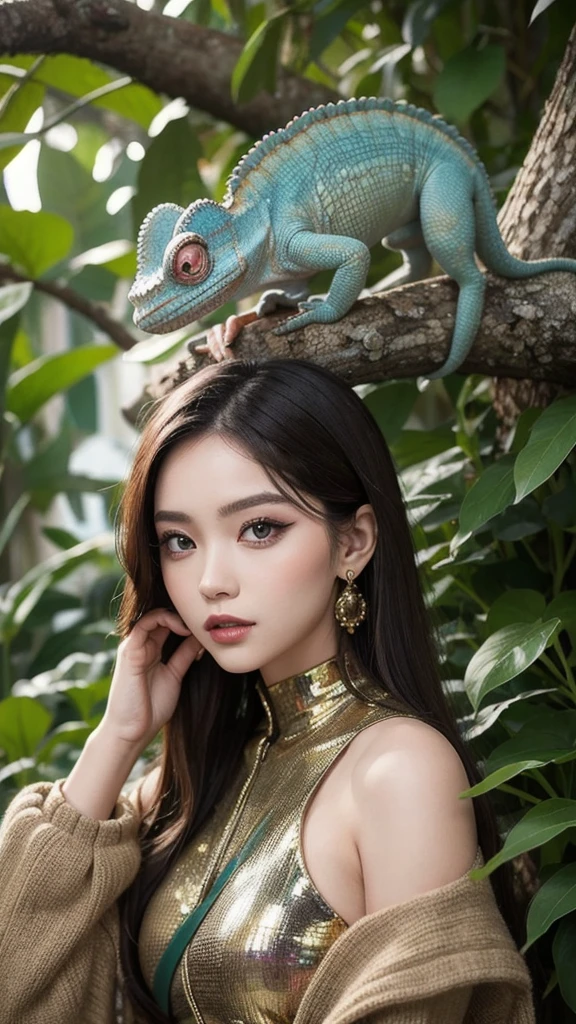 A girl with chameleon-style makeup posing gracefully、It blends in perfectly with the rich texture of Borneo's lush jungle.。, Demonstrate her uncanny ability to adapt to her surroundings. image, Resembles a museum-quality masterpiece, Vibrant colors and intricate details come to life. Every detail is carefully crafted, From the girl's enchanting chameleon-like skin, Perfectly blended with a variety of foliage, Her slender, Agile limbs, Relax on a tree branch々It is stuck at
