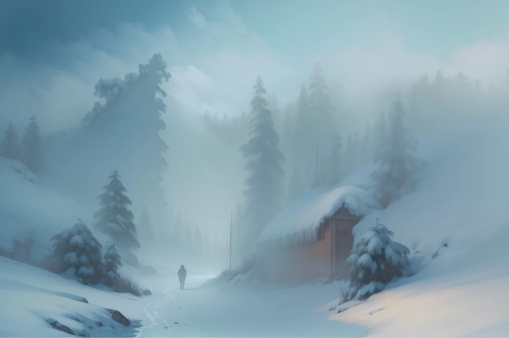 a foot path through the jungle covered in snow, soft light, sky, masterpiece