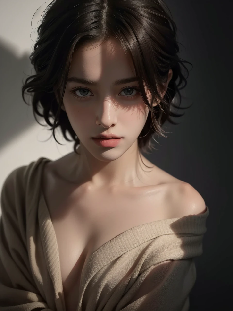 Best quality, masterpiece, ultra high res, (photorealistic:1.5), raw photo, 1girl, offshoulder, in the dark, deep shadow, low key, cold light, sexy look, short hair