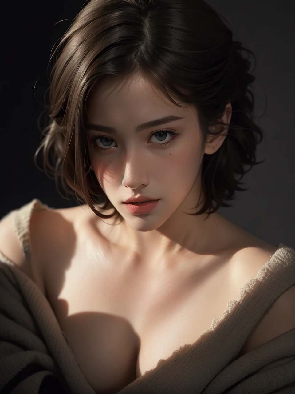 Best quality, masterpiece, ultra high res, (photorealistic:1.5), raw photo, 1girl, offshoulder, in the dark, deep shadow, low key, cold light, sexy look, short hair