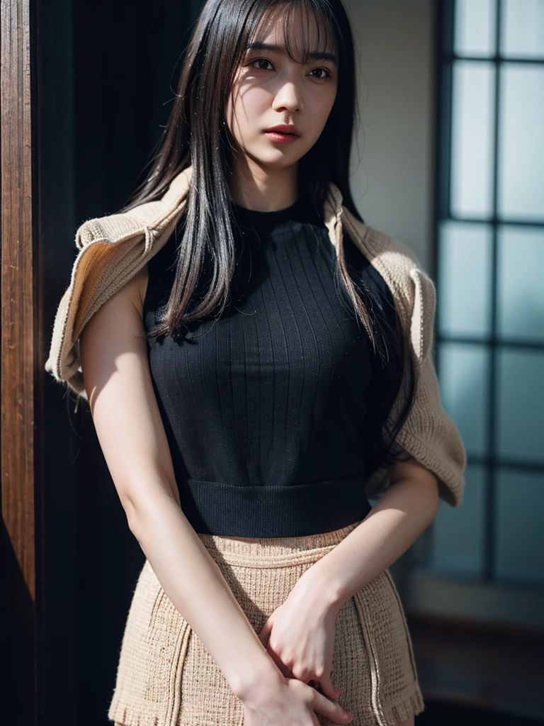 black hair, shy, Surrealism, Hyperrealism, upside-down, bokeh, Sony FE GM, 8k, super detail, retina, masterpiece, accurate, anatomically correct, textured skin, super detail, high quality, high details, award winning, best quality, highres, 16k, (((height 163cm))), (HQ skin: 1.4, Realistic human body structure), (full body:1.3), (wearing knit tank top, short skirt)