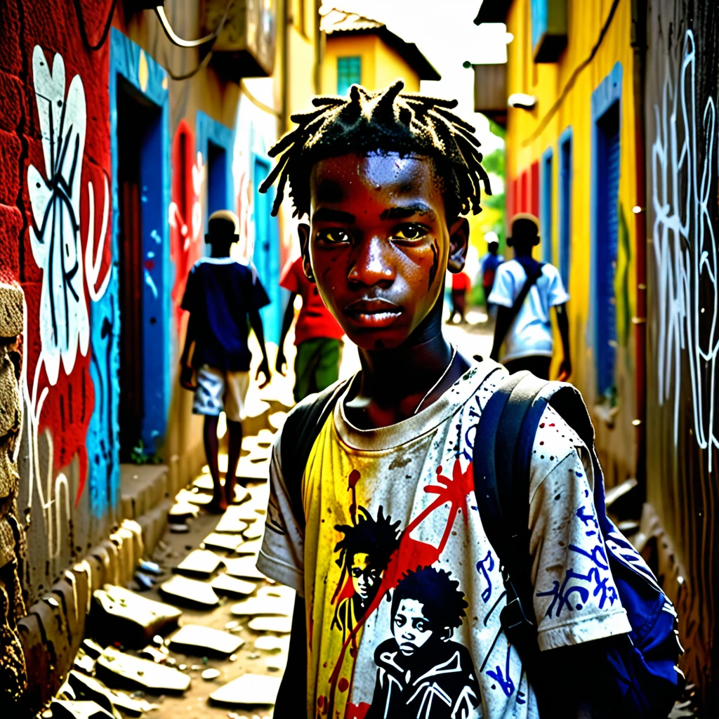 scenario: A dark, dirty alley with walls scrawled with graffiti and graffiti. Uma Dappled Light de um poste ilumina o centro do beco.
figuras:
children (-15 Represent children of diverse ethnicities, with expressions of anguish and despair, holding objects related to drug trafficking or weapons WITH BLURRED FACES Muleke (15-18 yearold):  a young man with a cold and distant look, of different ethnicity than the children, selling drugs to them.
"Jah&#39;s Floral": Paint one "Jah&#39;s Floral" faded and scrawled on one of the alley walls.
colors: Use dark tones like gray, blackw, dark blue, with red details (bloodstains, danger) and yellow (Dappled Light).
atmosphere: The image should have a heavy atmosphere, full of despair, violence and hopelessness, but with a trace of hope symbolized by the "Jah&#39;s Floral".
detaileds:
The image must highlight the vulnerability of youth and the cultural diversity present in communities.
The presence of "Jah&#39;s Floral" must show the fragility of faith in the midst of urban violence.
Children&#39;s expressions must be impactful, conveying the cruel reality of the streets and the lack of opportunities.