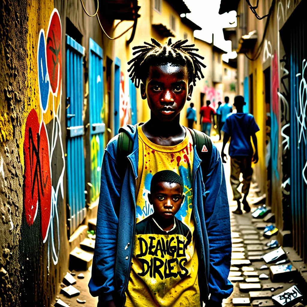 scenario: A dark, dirty alley with walls scrawled with graffiti and graffiti. Uma Dappled Light de um poste ilumina o centro do beco.
figuras:
children (12-15 years): Represent children of diverse ethnicities, with expressions of anguish and despair, holding objects related to drug trafficking or weapons WITH BLURRED FACES Muleke (15-18 years old): Represent a young man with a cold and distant look, of different ethnicity than the children, selling drugs to them.
"Jah&#39;s Floral": Paint one "Jah&#39;s Floral" faded and scrawled on one of the alley walls.
colors: Use dark tones like gray, blackw, dark blue, with red details (bloodstains, danger) and yellow (Dappled Light).
atmosphere: The image should have a heavy atmosphere, full of despair, violence and hopelessness, but with a trace of hope symbolized by the "Jah&#39;s Floral".
detaileds:
The image must highlight the vulnerability of youth and the cultural diversity present in communities.
The presence of "Jah&#39;s Floral" must show the fragility of faith in the midst of urban violence.
Children&#39;s expressions must be impactful, conveying the cruel reality of the streets and the lack of opportunities.