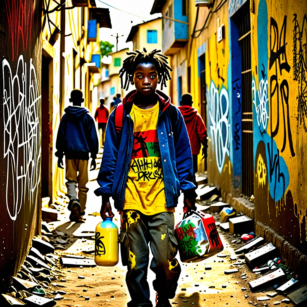 scenario: A dark, dirty alley with walls scrawled with graffiti and graffiti. Uma Dappled Light de um poste ilumina o centro do beco.
figuras:
children (-15 Represent children of diverse ethnicities, with expressions of anguish and despair, holding objects related to drug trafficking or weapons WITH BLURRED FACES Muleke (15-18 yearold):  a young man with a cold and distant look, of different ethnicity than the children, selling drugs to them.
"Jah&#39;s Floral": Paint one "Jah&#39;s Floral" faded and scrawled on one of the alley walls.
colors: Use dark tones like gray, blackw, dark blue, with red details (bloodstains, danger) and yellow (Dappled Light).
atmosphere: The image should have a heavy atmosphere, full of despair, violence and hopelessness, but with a trace of hope symbolized by the "Jah&#39;s Floral".
detaileds:
The image must highlight the vulnerability of youth and the cultural diversity present in communities.
The presence of "Jah&#39;s Floral" must show the fragility of faith in the midst of urban violence.
Children&#39;s expressions must be impactful, conveying the cruel reality of the streets and the lack of opportunities.