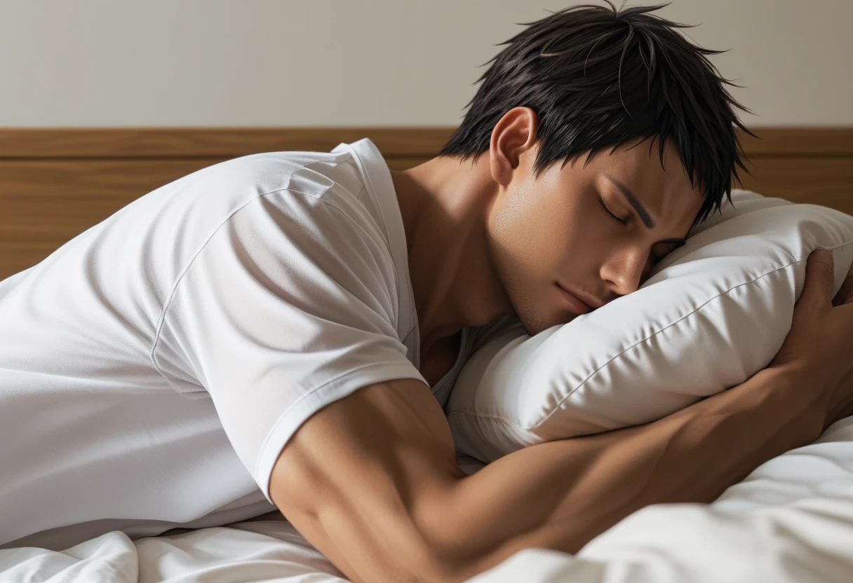 score_9, score_8_up, score_7_up,Handsome Aomine Daiki ,1boy ,sleep hug ,bed, ,bedroom ,sideview