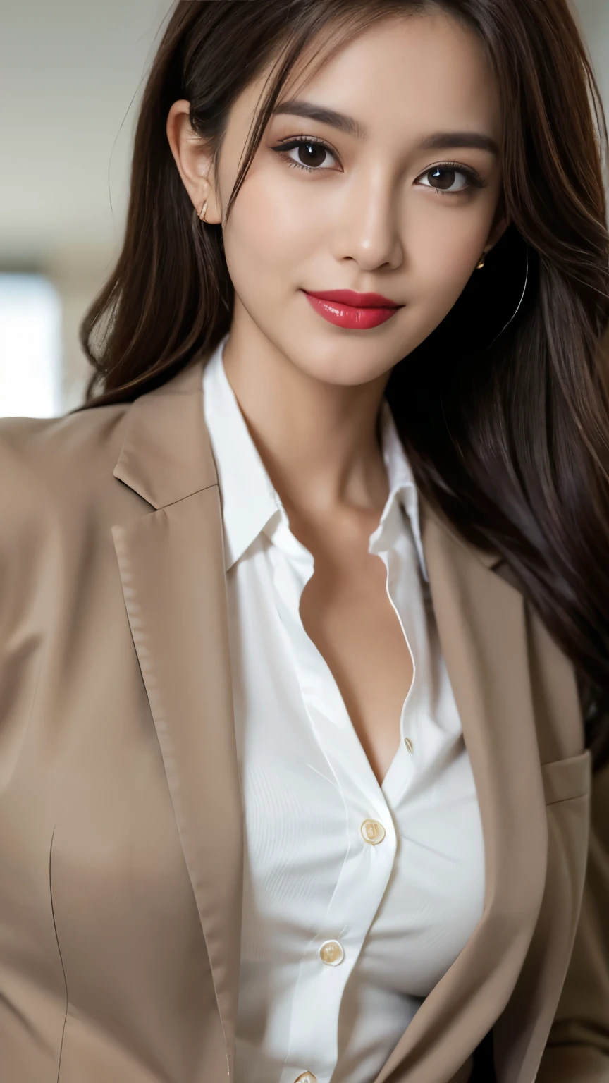 table top, best quality, realistic, very detailed, in detail, high resolution, 8k wallpapers, 1 beautiful woman,, Light brown messy hair, in a business suit, sharp focus, Complete dynamic configuration, beautiful and delicate eyes, detailed hair, 섬세하고 realistic 피부 결, laughing, Close-up portrait, Model Body Type,  slender full body model , passenger car model, high heel, Longari