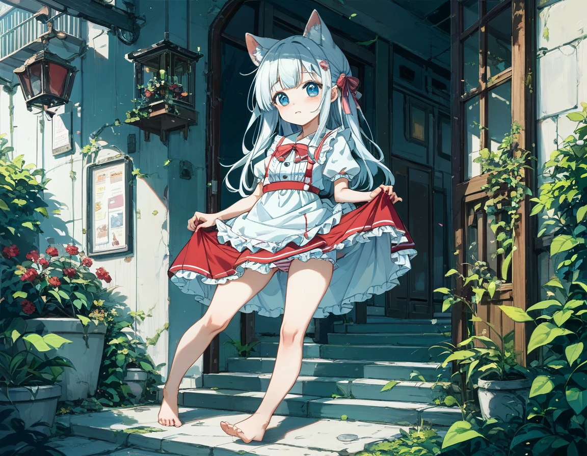 Plain white with emphasis on the chestTshirt、You can see the chest from the neck、Ultramarine and white striped mini skirt、When you lift up her skirt you can see her cute pink frilly underwear...、fluffy, White frilly flared skirt、When she lifted her skirt, She found some cute red frilly underwear、barefoot、