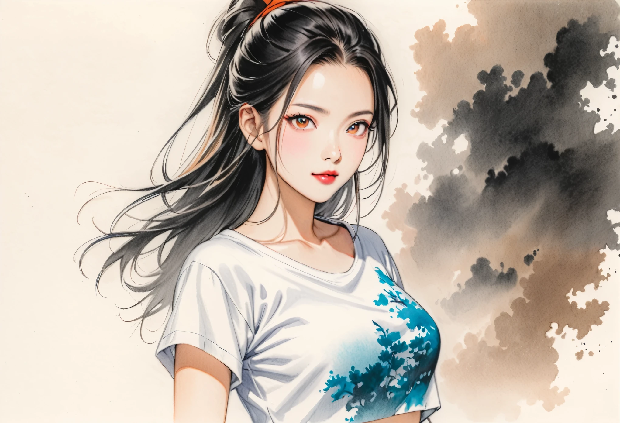 female,crop shirt,white,Art,colour pencil drawing,ink painting