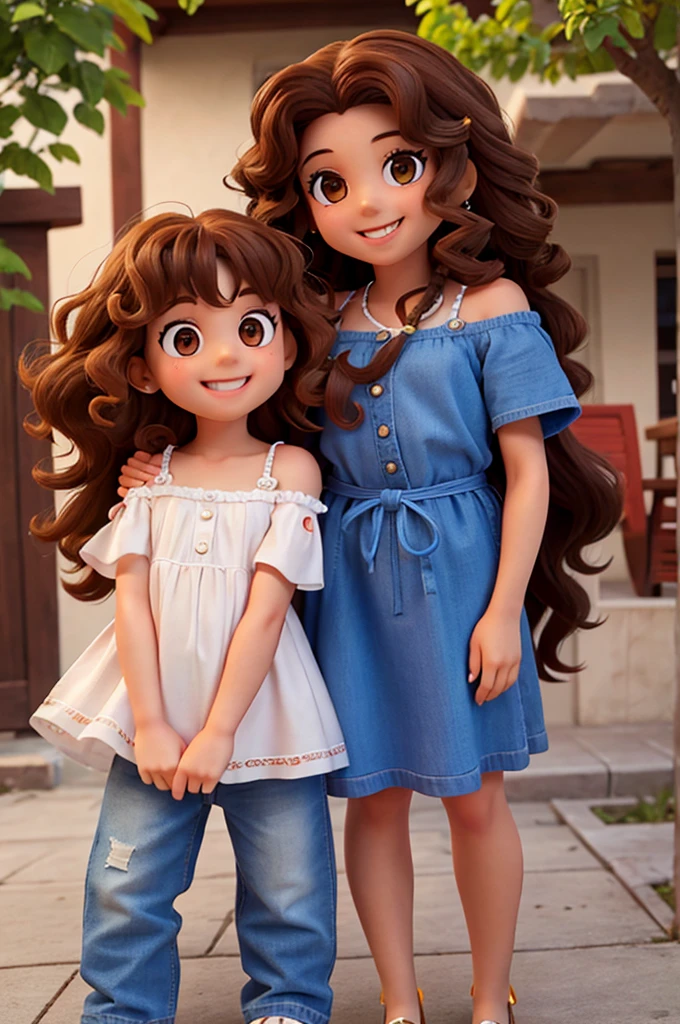 4 girl, shoulder length curly hair, brown, olhos brown e brilhantes, happy and smiling, very smart. with his father and mother with long curly hair.