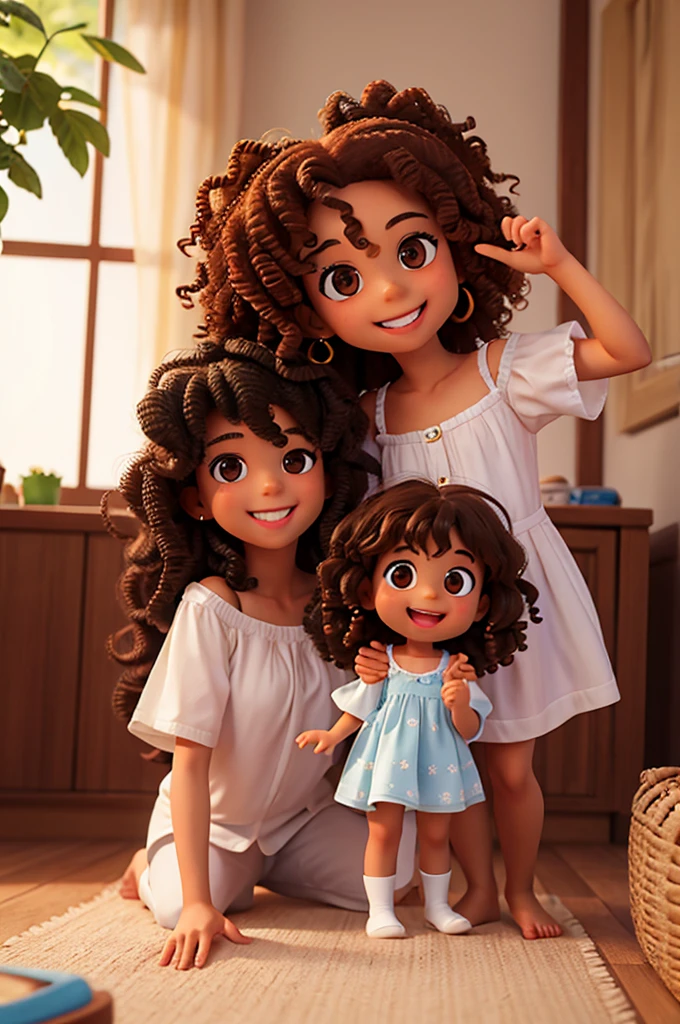 4 year old girl, shoulder length curly hair, brown, olhos brown e brilhantes, happy and smiling, very smart. with his father and mother with long curly hair.