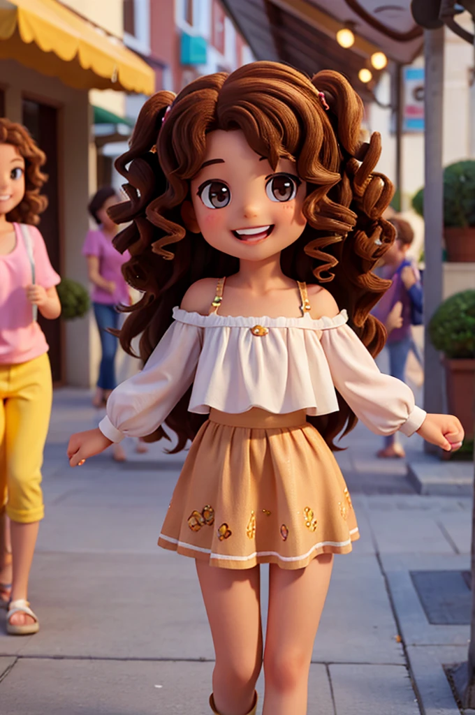 4 year old girl, shoulder length curly hair, brown, olhos brown e brilhantes, happy and smiling, very smart. with his father and mother with long curly hair.