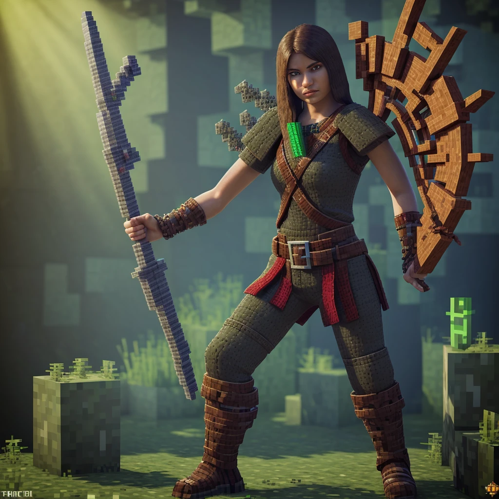 1 minecraft warrior, highly detailed character, 3D, extremely detailed pixelated minecraft trident held in left hand, extremely detailed minecraft crossbow held in right hand, dynamic pose, dramatic lighting, cinematic composition, fantasy, vibrant colors, masterpiece, best quality, 8k