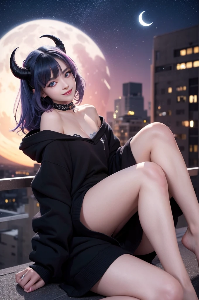 An extremely beautiful demon girl, her eyelashes were white and she had crystal blue eyes her skin was dark blue, her hair was short and white as snow, she has small horns and a big tail, with a black sweatshirt and a short white skirt. Sitting on top of a building at the top of the city and it was night with the bright moon and stars in the sky. She had pink tattoos on her body. With a seductive smile and a seductive cross-legged pose.