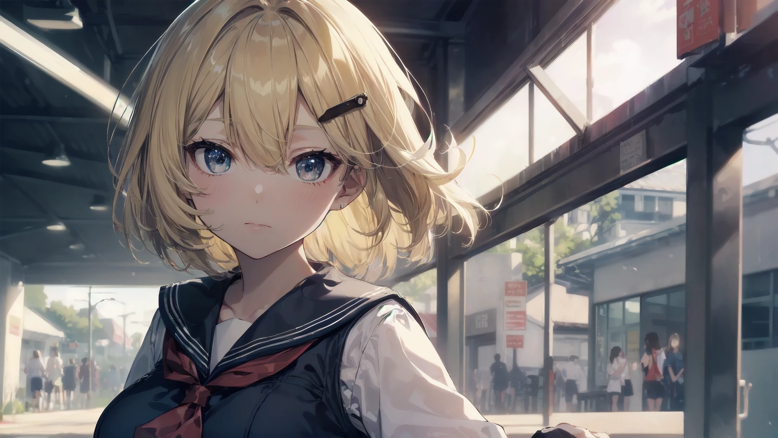 Highest quality, Anime Moe Art Style,Best Anime 8K Konachan Wallpaper,pixiv contest winners,Perfect Anatomy, (Please draw a girl walking sleepily to school..... ),break, 1 Girl, (alone,,,13 years old:1.3),high school student, short hair, amount, (Hair above one eye:1.7),All limbs, Full Finger,Medium Chest, Between the legs, Small eyes,accurate black eyes, Hair Clip, (Sailor suit:1.5),(school uniform:1.5) skirt,On the way to school. break,Very detailed,High resolution,Ultra-Dense Skin, Professional Lighting,8K eye detail, (Cute illustrations:1.2),blonde,blonde hair,Expressionless,(Hair on one eye:1.5),Sailor suit