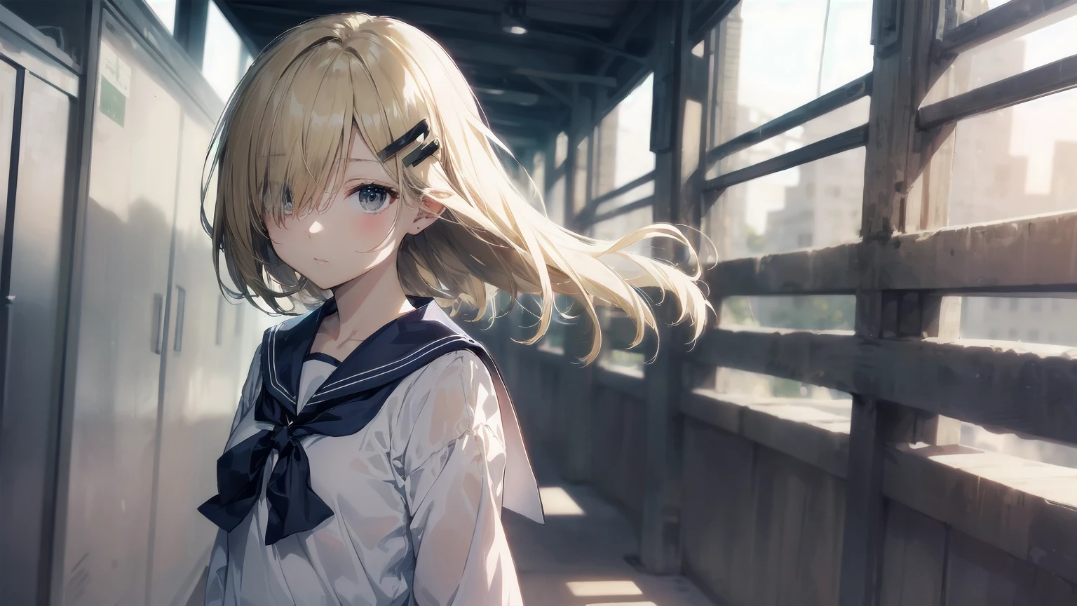 Highest quality, Anime Moe Art Style,Best Anime 8K Konachan Wallpaper,pixiv contest winners,Perfect Anatomy, (Please draw a girl walking sleepily to school..... ),break, 1 Girl, (alone,,,:1.3),high school student, short hair, amount, (Hair above one eye:1.7),All limbs, Full Finger,Medium Chest, Between the legs, Small eyes,accurate black eyes, Hair Clip, (Sailor suit:1.5),(school uniform:1.5) skirt,On the way to school. break,Very detailed,High resolution,Ultra-Dense Skin, Professional Lighting,8K eye detail, (Cute illustrations:1.2),blonde,blonde hair,Expressionless,(Hair on one eye:1.5),Sailor suit