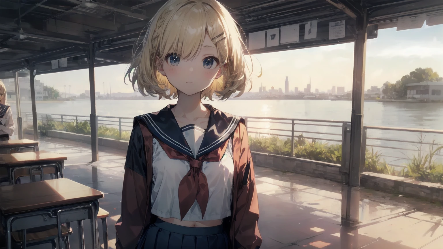 Highest quality, Anime Moe Art Style,Best Anime 8K Konachan Wallpaper,pixiv contest winners,Perfect Anatomy, (Please draw a girl walking sleepily to school..... ),break, 1 Girl, (alone,,,:1.3),high school student, short hair, amount, (Hair above one eye:1.7),All limbs, Full Finger,Medium Chest, Between the legs, Small eyes,accurate black eyes, Hair Clip, (Sailor suit:1.5),(school uniform:1.5) skirt,On the way to school. break,Very detailed,High resolution,Ultra-Dense Skin, Professional Lighting,8K eye detail, (Cute illustrations:1.2),blonde,blonde hair,Expressionless,(Hair on one eye:1.5),Sailor suit
