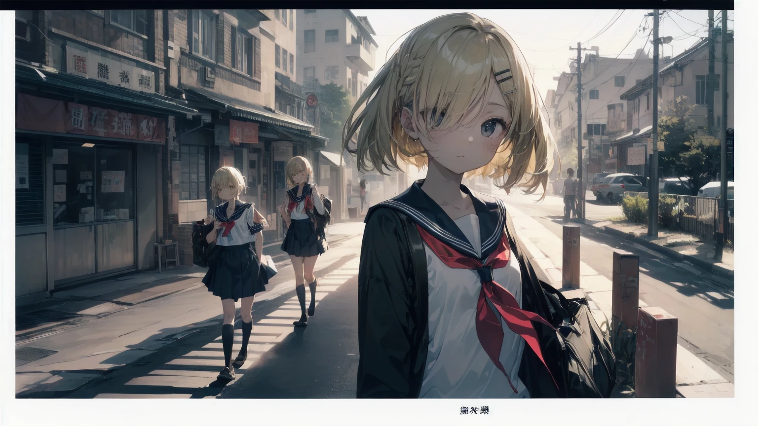 Highest quality, Anime Moe Art Style,Best Anime 8K Konachan Wallpaper,pixiv contest winners,Perfect Anatomy, (Please draw a girl walking sleepily to school..... ),break, 1 Girl, (alone,,,:1.3),high school student, short hair, amount, (Hair above one eye:1.7),All limbs, Full Finger,Medium Chest, Between the legs, Small eyes,accurate black eyes, Hair Clip, (Sailor suit:1.5),(school uniform:1.5) skirt,On the way to school. break,Very detailed,High resolution,Ultra-Dense Skin, Professional Lighting,8K eye detail, (Cute illustrations:1.2),blonde,blonde hair,Expressionless,(Hair on one eye:1.5),Sailor suit