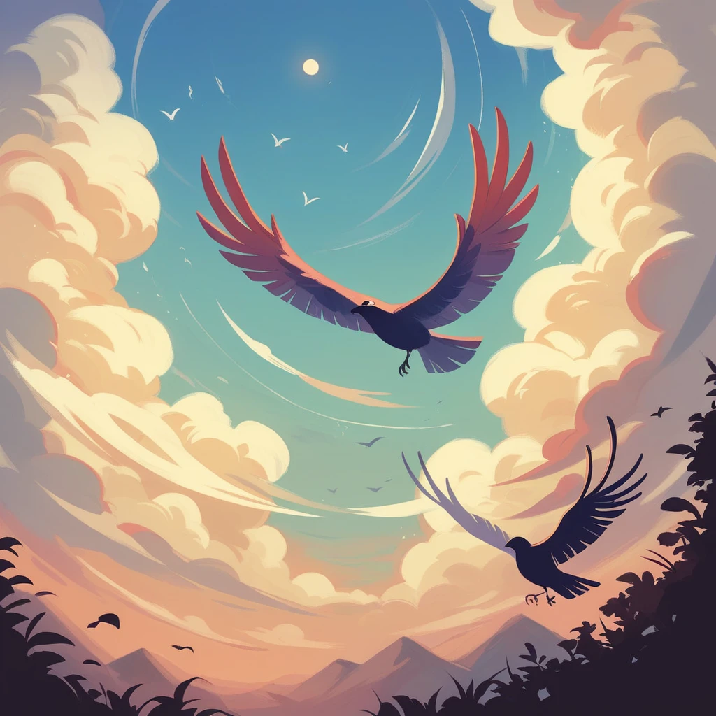 Flying towards the light of hope
A silhouette of a bird flapping its wings powerfully emerges against the backdrop of a sky dyed with the color of dawn.
The bird's feathers sparkle in the light, symbolizing the arrival of hope.