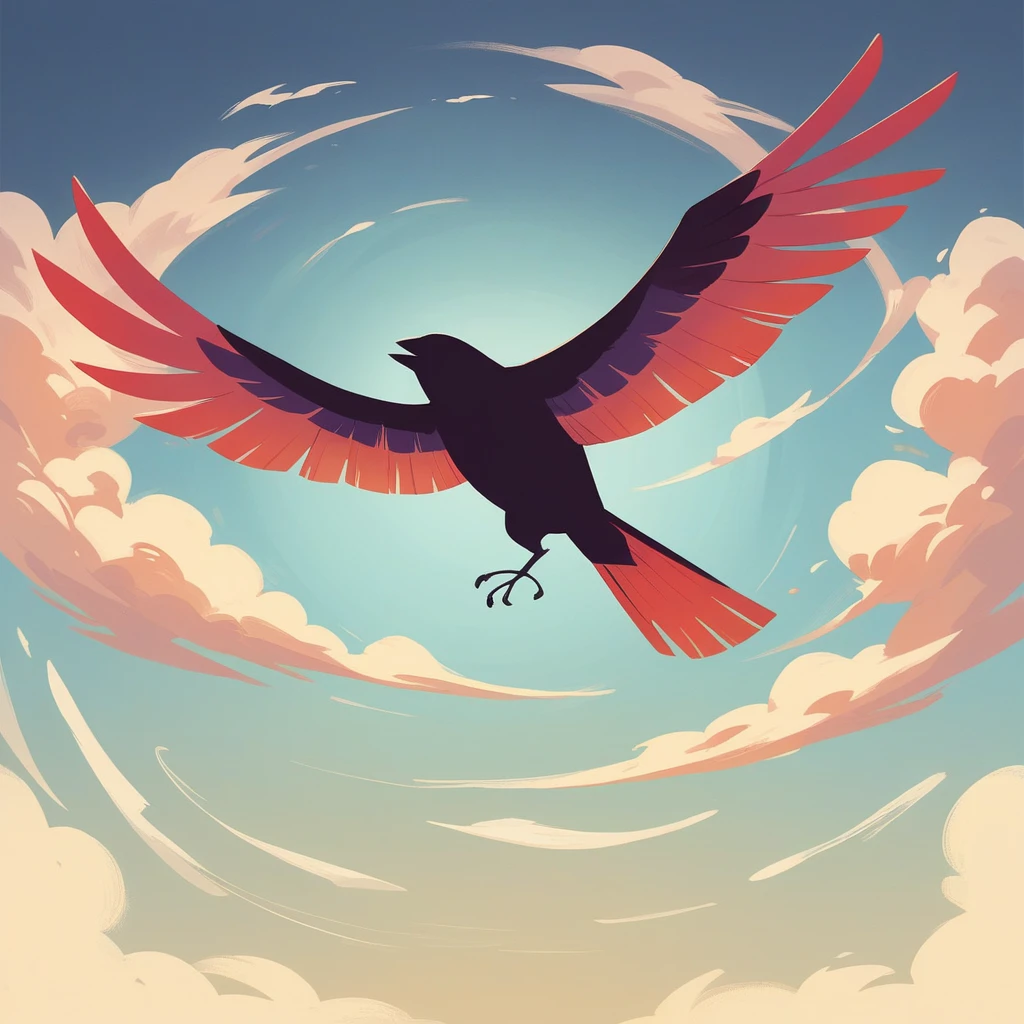 Flying towards the light of hope
A silhouette of a bird flapping its wings powerfully emerges against the backdrop of a sky dyed with the color of dawn.
The bird's feathers sparkle in the light, symbolizing the arrival of hope.