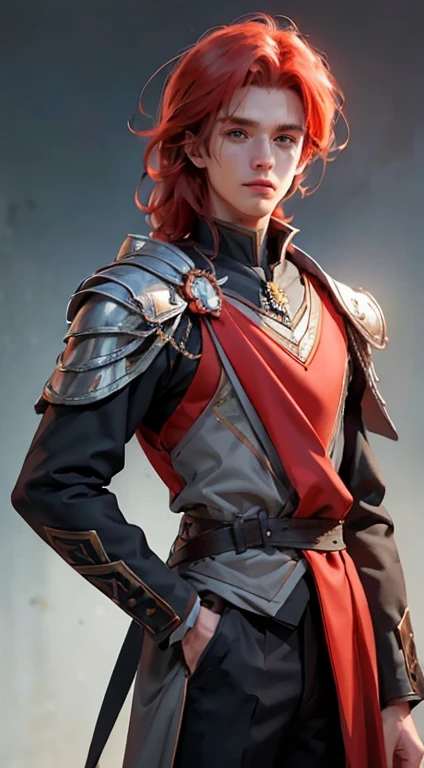 25 YEAR OLD BOY, male, shoulder-length red hair, gray eyes, gray eyes, freckles on the face, Magic Academy uniform dress