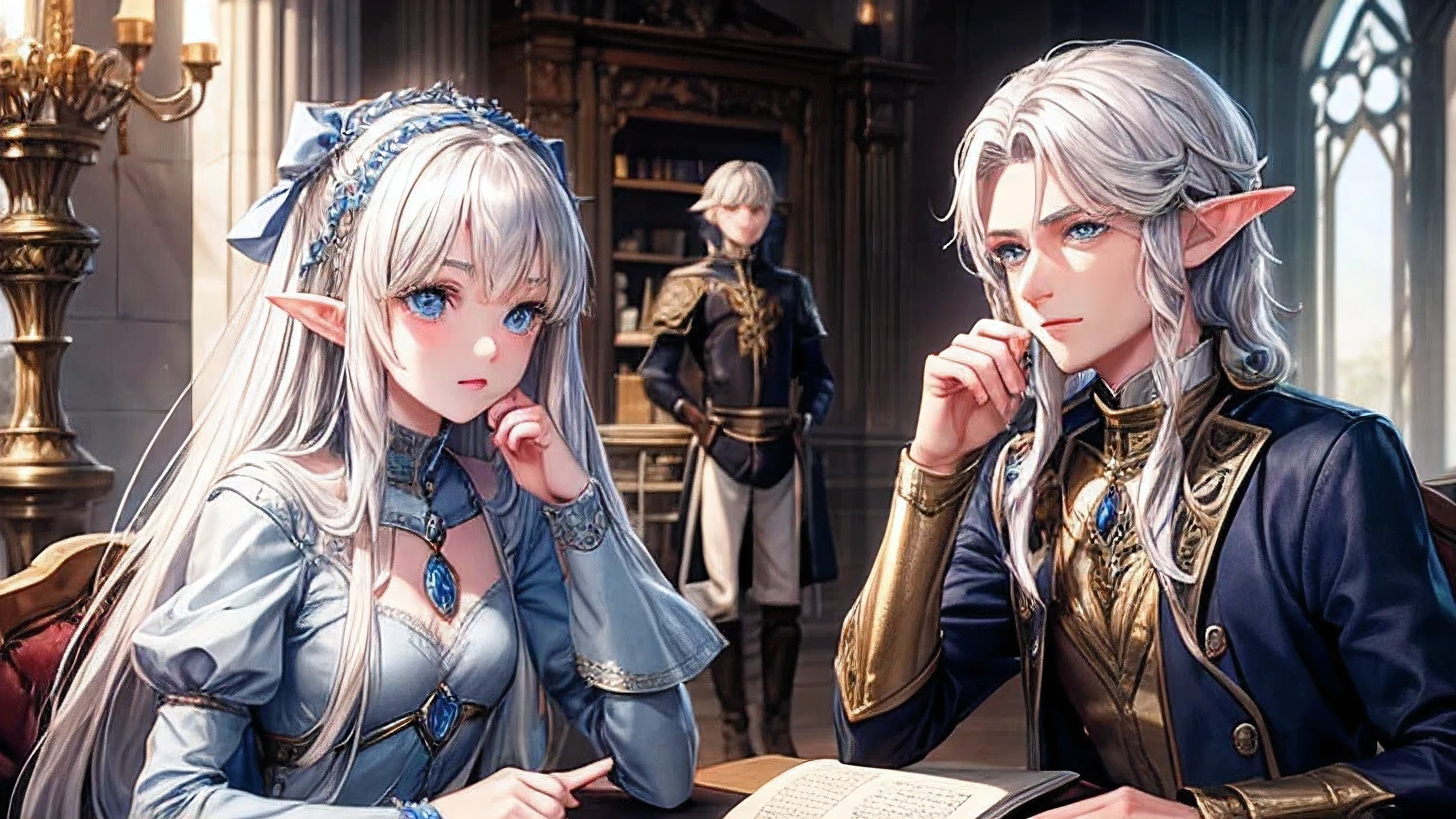 two brothers and a sister, elves, silver hair, Blue eyes, Aristocrats, fantasy, stone room, fantasy, Middle Ages, stately persons