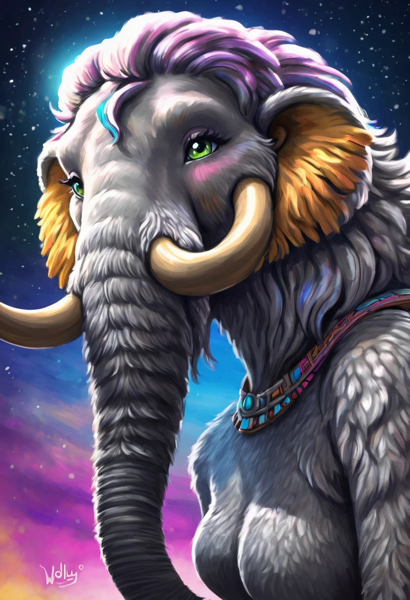 Create an illustrated, hand-drawn, full-color image of an anthropomorphic wooly mammoth women. The artwork should be rendered in the style of "Breath of the Wild," featuring warm lighting and shadows. Include graphite shading, stencil marks, and airbrushed acrylic paint effects. The image should be of the highest quality, a masterpiece with intricate details. The wolly mammoth women should have a female, humanoid, furry appearance with grey skin. She should have luscious lips, a wide smile, and bright, expressive eyes, exuding beauty, cuteness, and adorableness. Ensure the image is high resolution and sharply detailed, with a detailed and vibrant background. Incorporate mystical lighting in the background, creating a romantic and enchanting atmosphere.