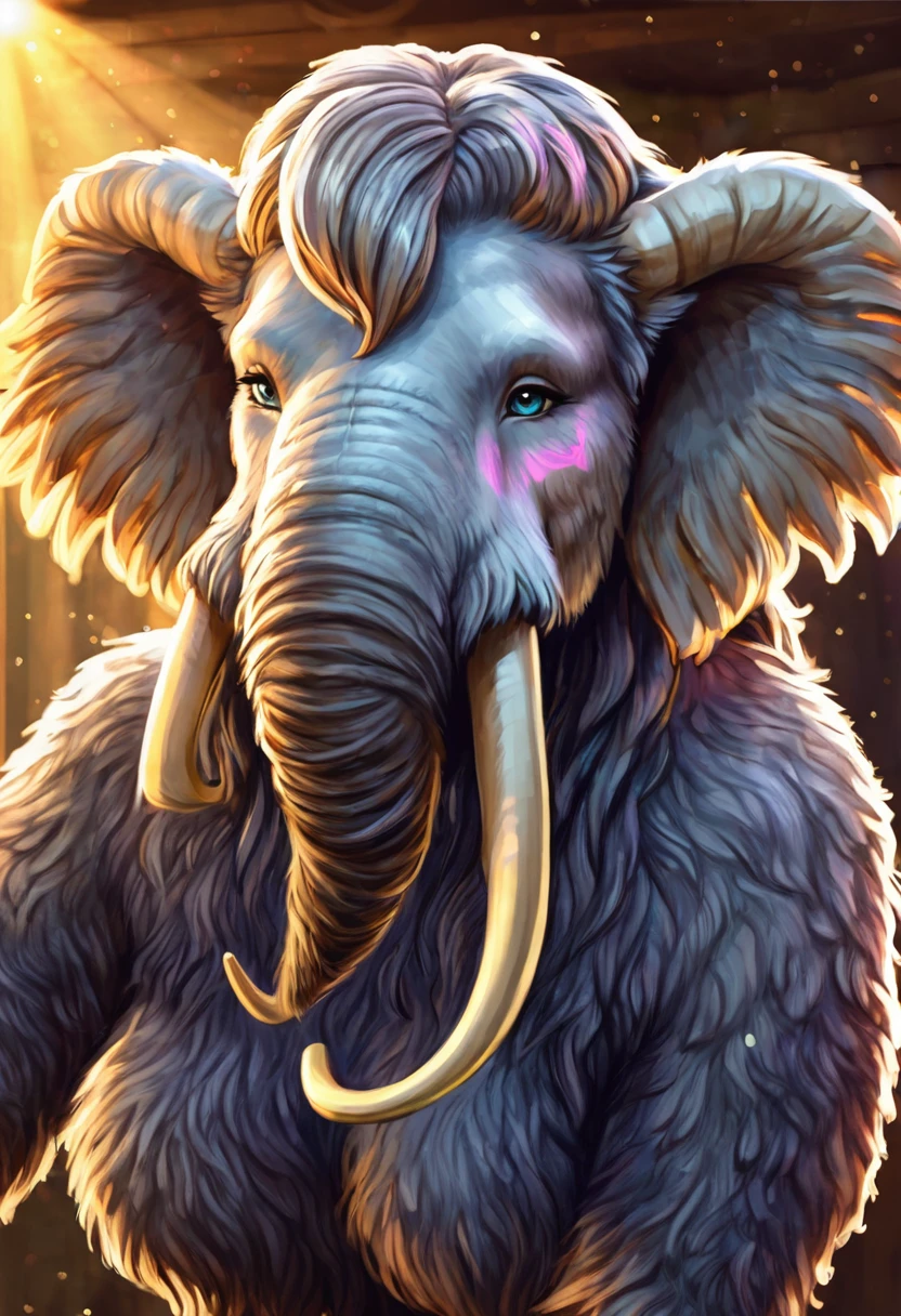 Create an illustrated, hand-drawn, full-color image of an anthropomorphic wooly mammoth women. The artwork should be rendered in the style of "Breath of the Wild," featuring warm lighting and shadows. Include graphite shading, stencil marks, and airbrushed acrylic paint effects. The image should be of the highest quality, a masterpiece with intricate details. The wolly mammoth women should have a female, humanoid, furry appearance with grey skin. She should have luscious lips, a wide smile, and bright, expressive eyes, exuding beauty, cuteness, and adorableness. Ensure the image is high resolution and sharply detailed, with a detailed and vibrant background. Incorporate mystical lighting in the background, creating a romantic and enchanting atmosphere.
