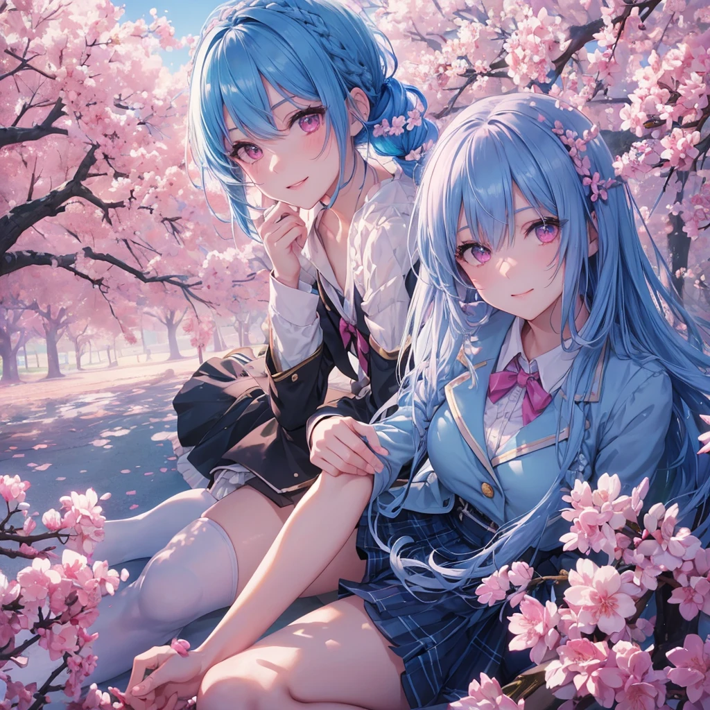 Sky blue hair, (Braided Ponytail),(Pink Eyes),Fair skin ,whole body,(1 Girl),Smile,spring, cherry blossoms, Knee-high socks for school,, blazer, Straight bangs,(masterpiece, Highest quality, Super detailed, Best Shadow), (Detailed Background), (Beautifully detailed face), High Contrast, (Best lighting, Very delicate and beautiful), ((Cinematic Light)), colorful, Hyper Detail, Dramatic Light, Intricate details,sunshine,Leaning forward,
