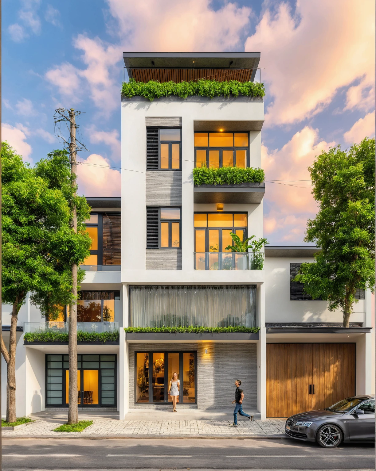 Masterpiece, high quality, best quality, authentic, super detail, outdoors, house style modern, bietthuhn, white wall, glass windows, gate road, pavement, grass, trees, Beautiful_sky, SUNSET, (day:1.1), realistic lighting
