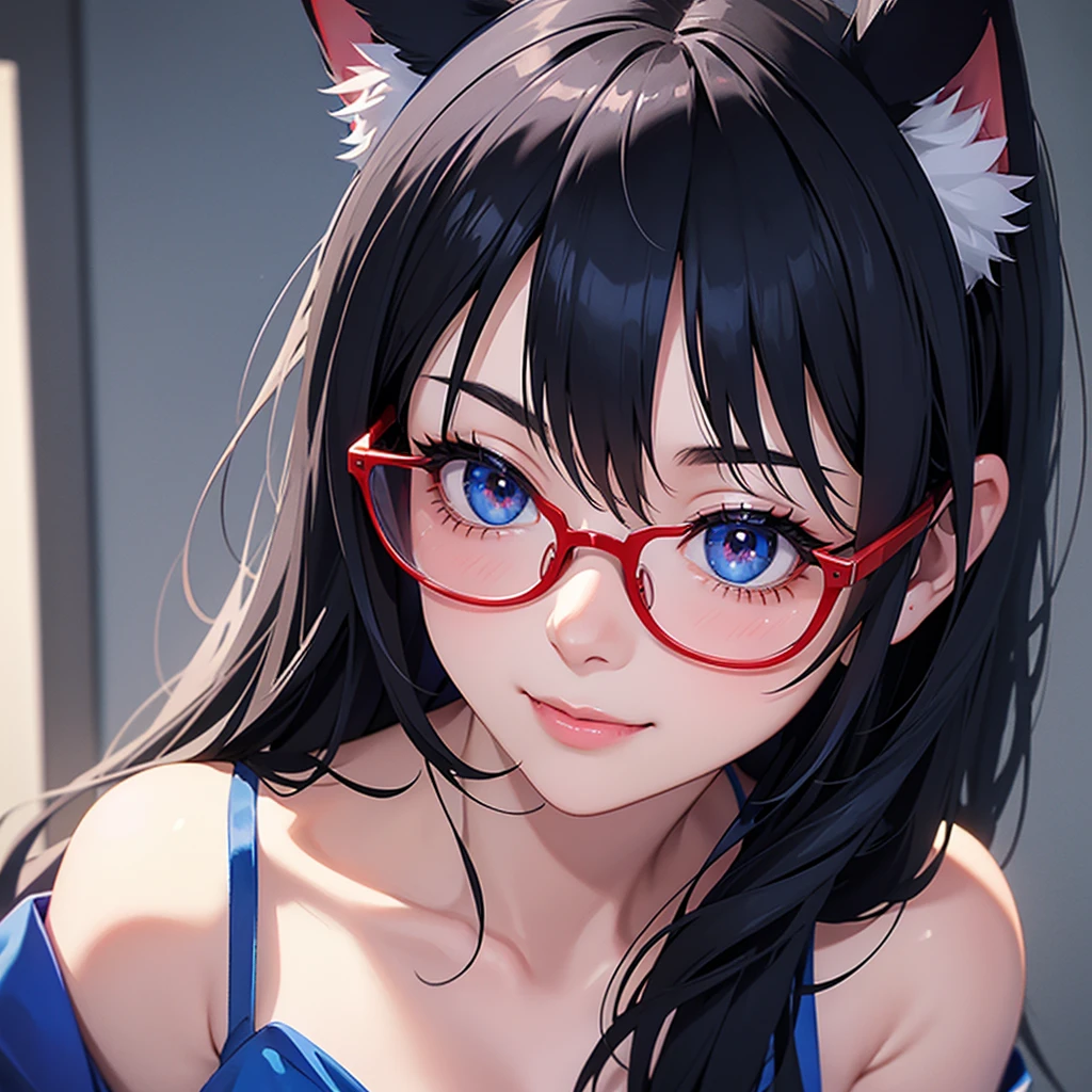 Black hair wolf ears。Blue Silk Dress。Red Glasses。Blue pupil。Smiling, looking up, blushing beautiful girl。Peeping Pose。cleavage close-up