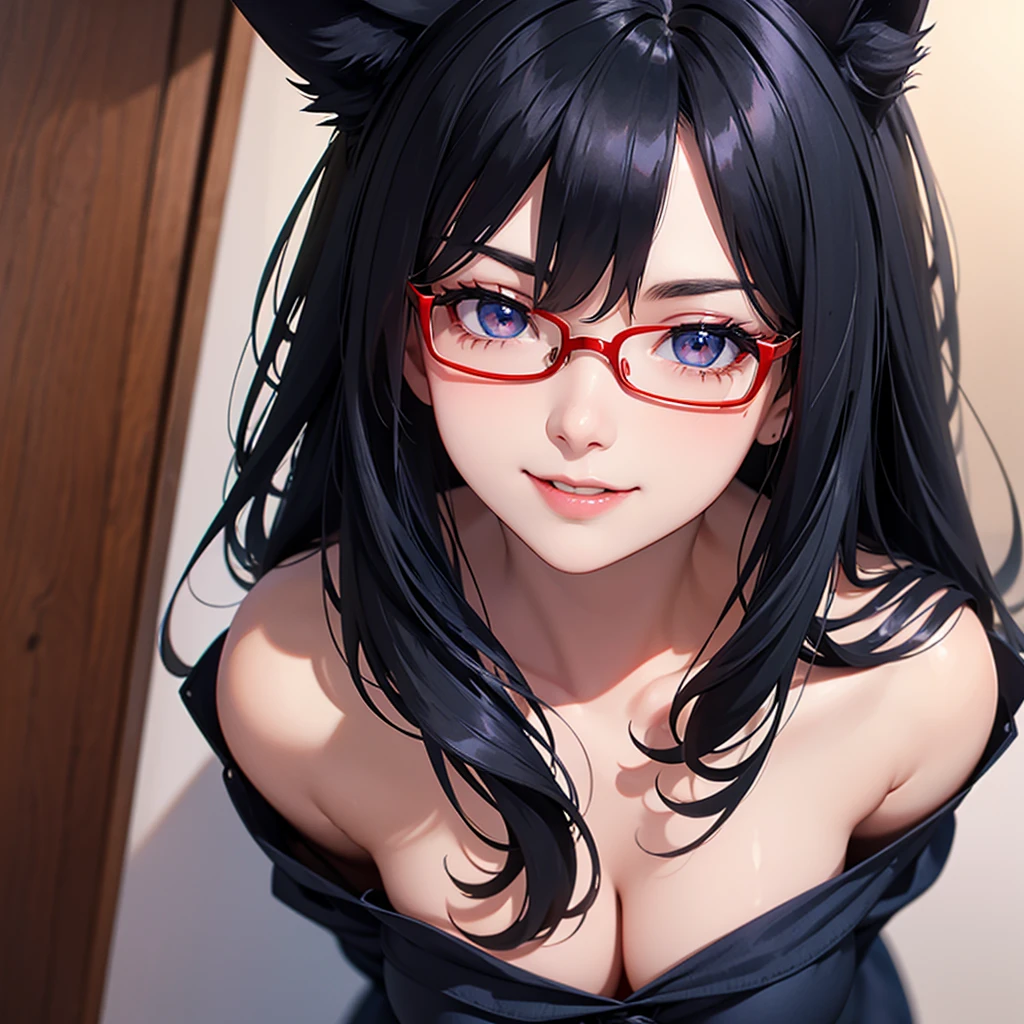 Black hair wolf ears。Blue Silk Dress。Red Glasses。Blue pupil。Smiling, looking up, blushing beautiful girl。Peeping Pose。cleavage close-up